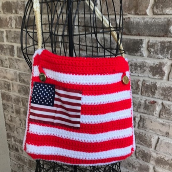 Handmade Patriotic Handbag Crochet Macrame VTG - Picture 1 of 8